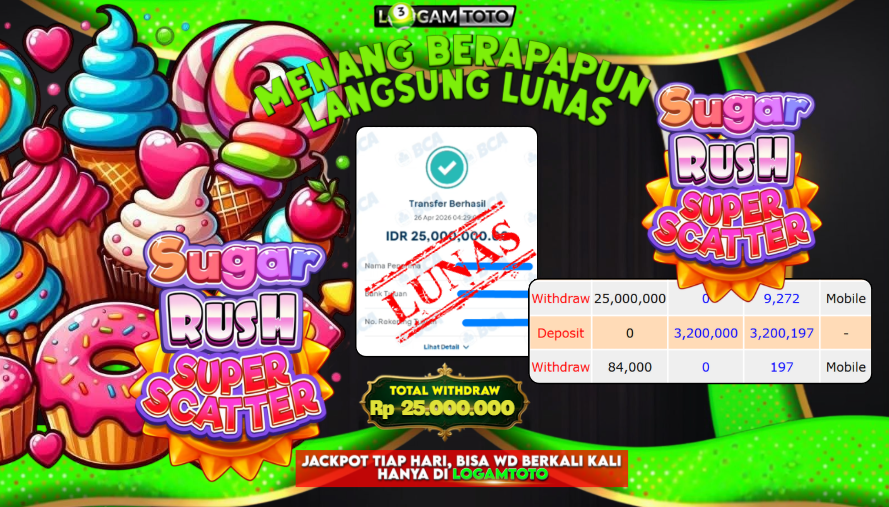 SELAMAT KEPADA MEMBER SETIA LOGAMTOTO BERHASIL JACKPOT 25.000.000 di PERMAINAN SLOT SUGAR RUSH SUPERSCATTER
