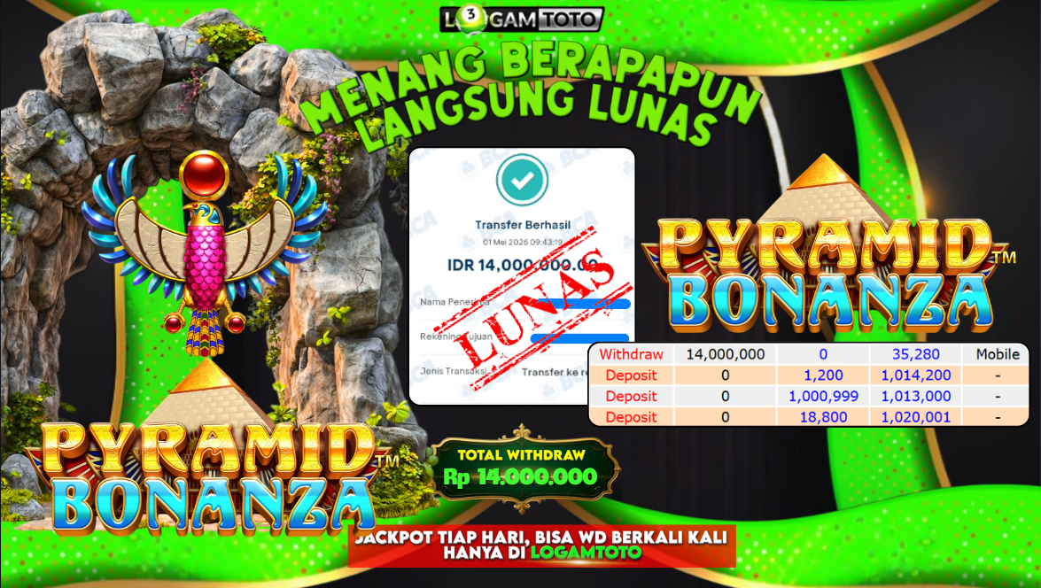SELAMAT KEPADA MEMBER SETIA LOGAMTOTO BERHASIL JACKPOT 14.000.000 di PERMAINAN PYRAMID BONANZA