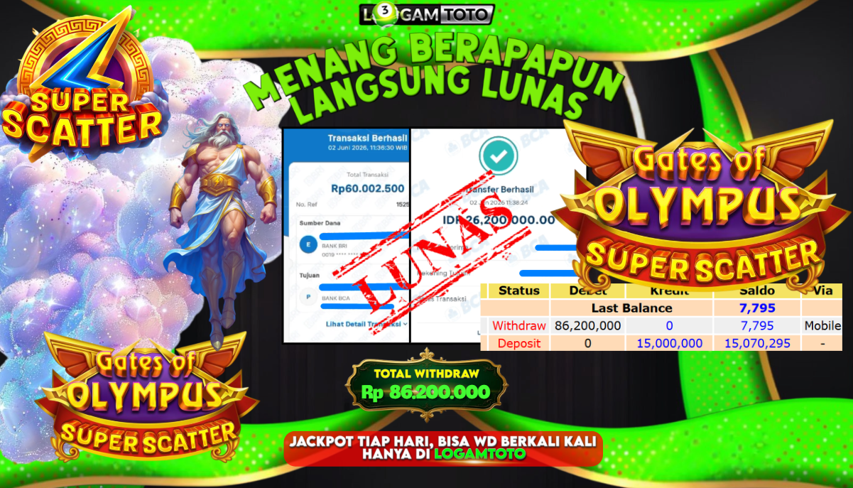 SELAMAT KEPADA MEMBER SETIA LOGAMTOTO BERHASIL JACKPOT 86.200.000 di PERMAINAN GATES OF OLYMPUS SUPERSCATTER