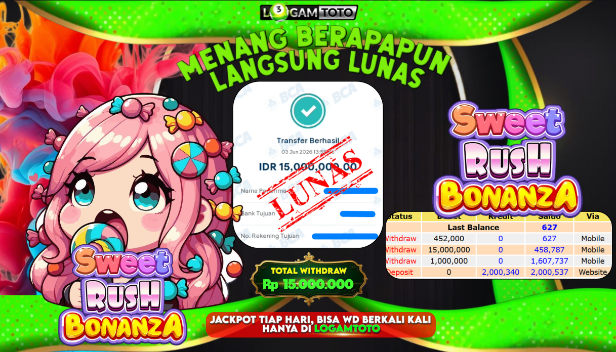 SELAMAT KEPADA MEMBER SETIA LOGAMTOTO BERHASIL JACKPOT 15.000.000 di PERMAINAN SWEET RUSH BONANZA