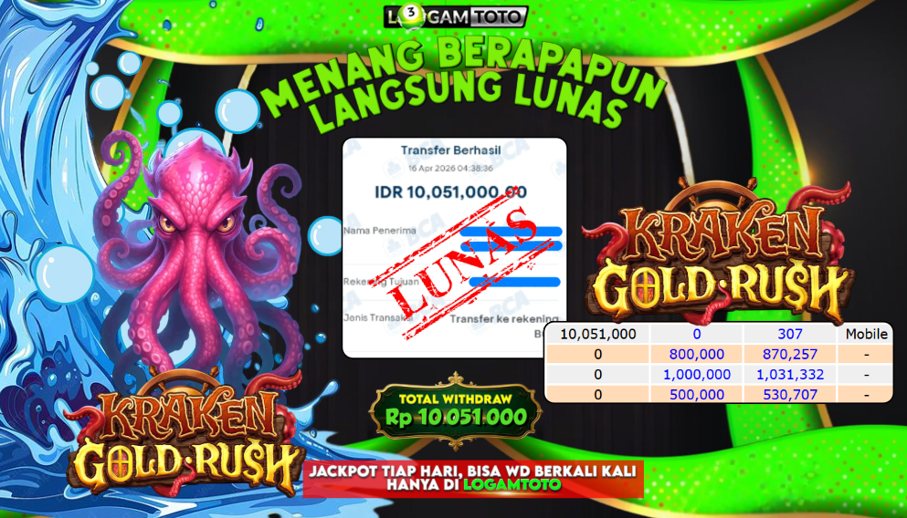 SELAMAT KEPADA MEMBER SETIA LOGAMTOTO BERHASIL JACKPOT 10.051.000 di PERMAINAN KRAKEN GOLD RUSH