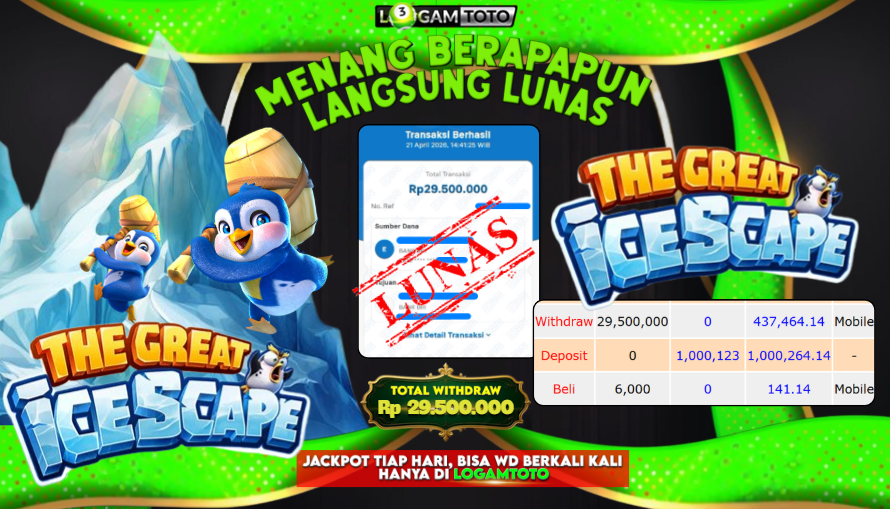 SELAMAT KEPADA MEMBER SETIA LOGAMTOTO BERHASIL JACKPOT 29.500.000 di PERMAINAN THE GREAT ICESCAPE