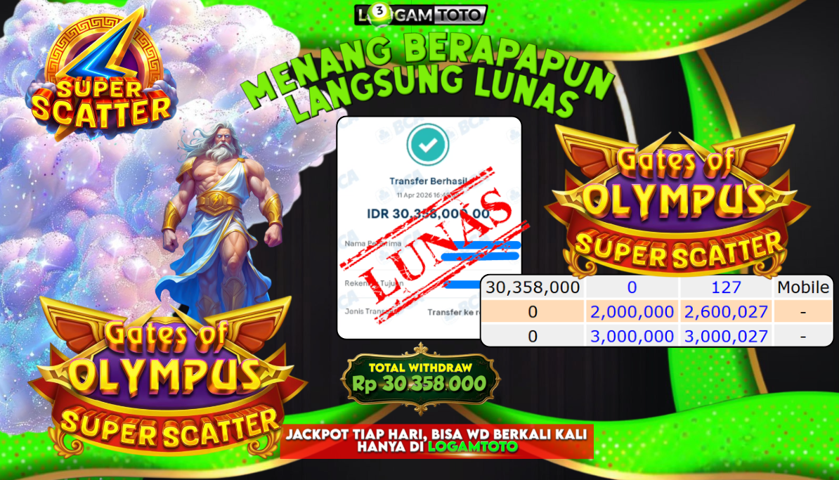 SELAMAT KEPADA MEMBER SETIA LOGAMTOTO BERHASIL JACKPOT 30.358.000 di PERMAINAN GATES OF OLYMPUS SUPER SCATTER